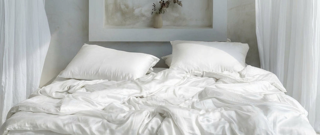 White MyntFusion™ sheet set and pillowcases on bed in bright, airy bedroom with sheer curtains