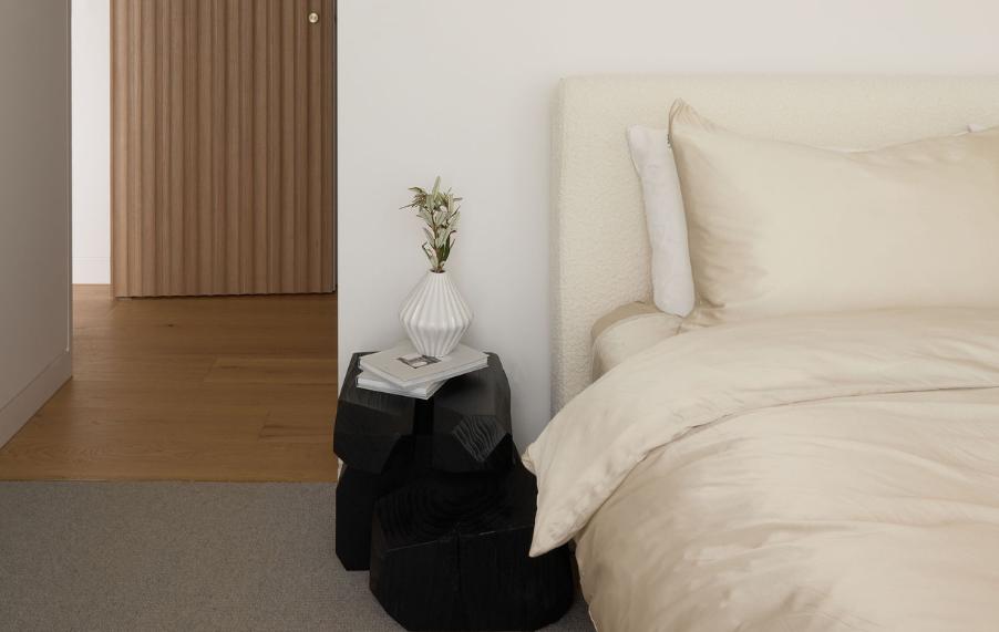 Sand MyntFusion™ sheet set and pillowcases on bed with minimalist bedroom styling