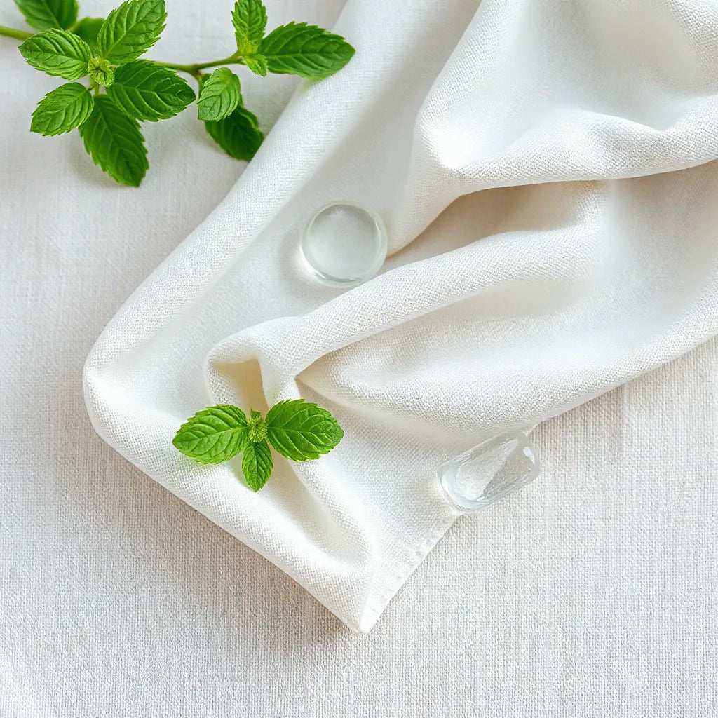 Mint leaves with airflow lines over fabric weave illustrating mint-infused fabric freshness concept