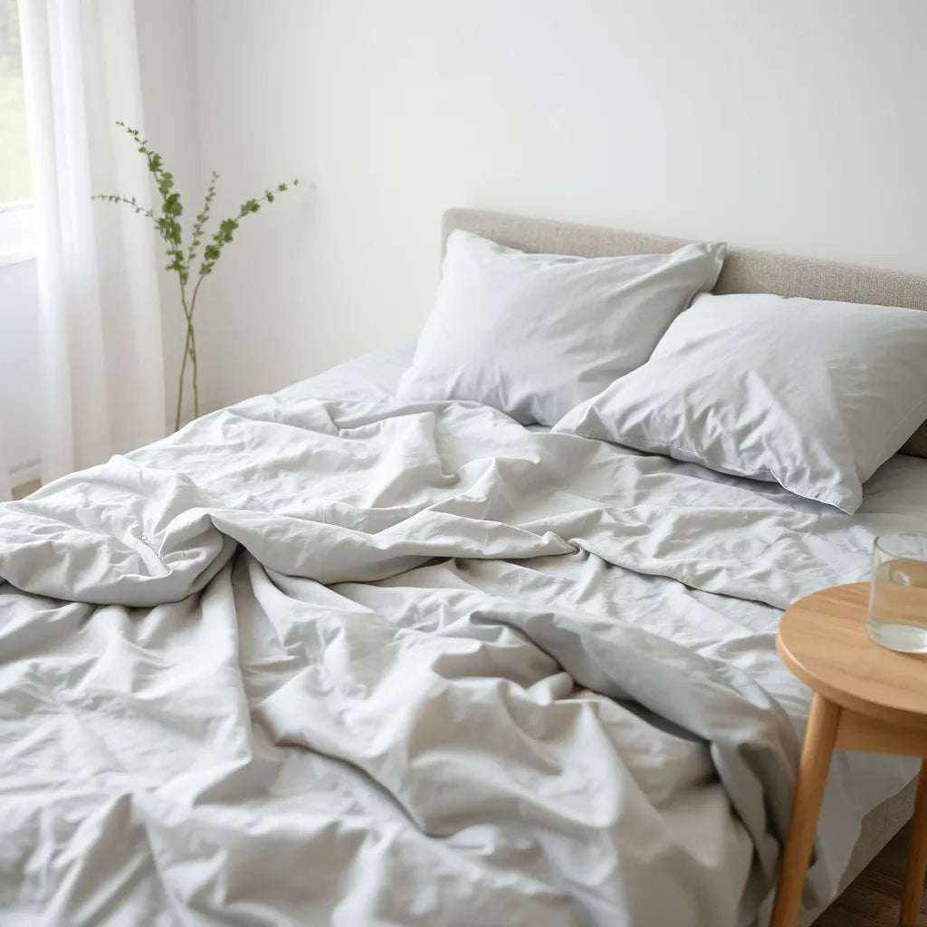 Neatly made bed with breathable cooling bed sheets under soft natural morning light