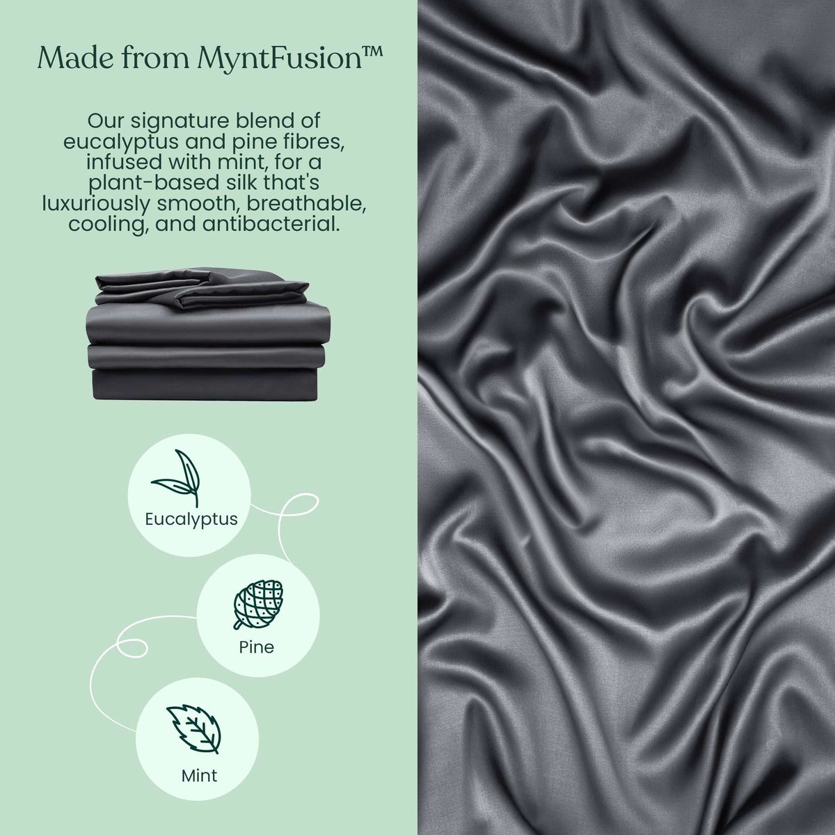 A stack of folded dark gray Mynt Lab Fitted Sheet Set (3-Piece) beside a close-up of silky, shiny gray fabric. Text describes cooling sheets made from eucalyptus, pine, and mint fibers, with icons for each leaf type. Charcoal