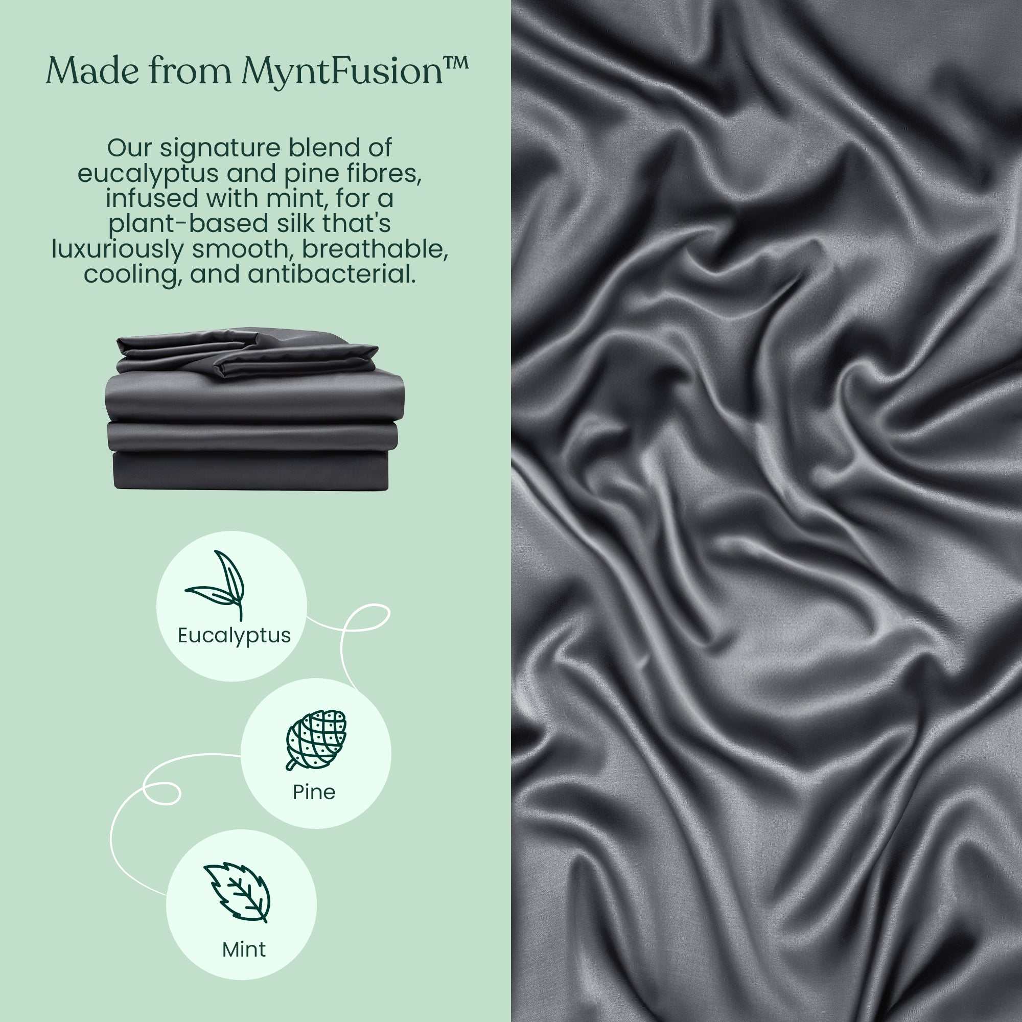 A stack of folded dark gray Mynt Lab Fitted Sheet Set (3-Piece) beside a close-up of silky, shiny gray fabric. Text describes cooling sheets made from eucalyptus, pine, and mint fibers, with icons for each leaf type.