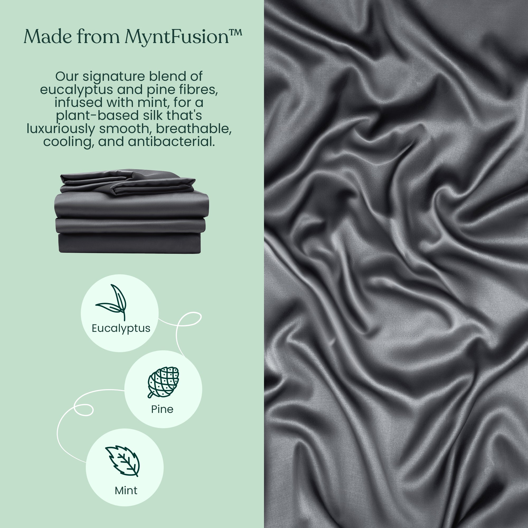 A stack of folded charcoal Mynt Lab Fitted Sheet Set (3-Piece) beside a close-up of silky, shiny charcoal fabric. Text describes cooling sheets made from eucalyptus, pine, and mint fibres, with icons for each leaf type.
