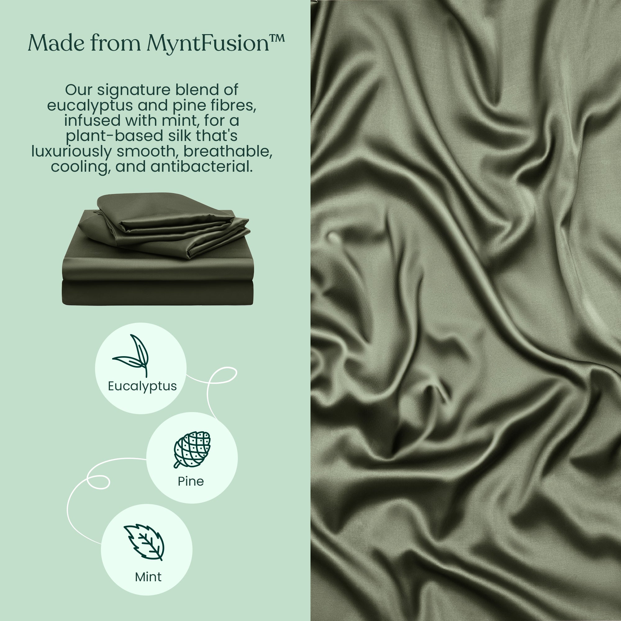 The Mynt Lab Fitted Sheet Set (3-Piece) features MyntFusion™, a silky plant-based fabric made from eucalyptus and pine, infused with mint for cool comfort. Icons for eucalyptus, pine, and mint highlight the natural materials.