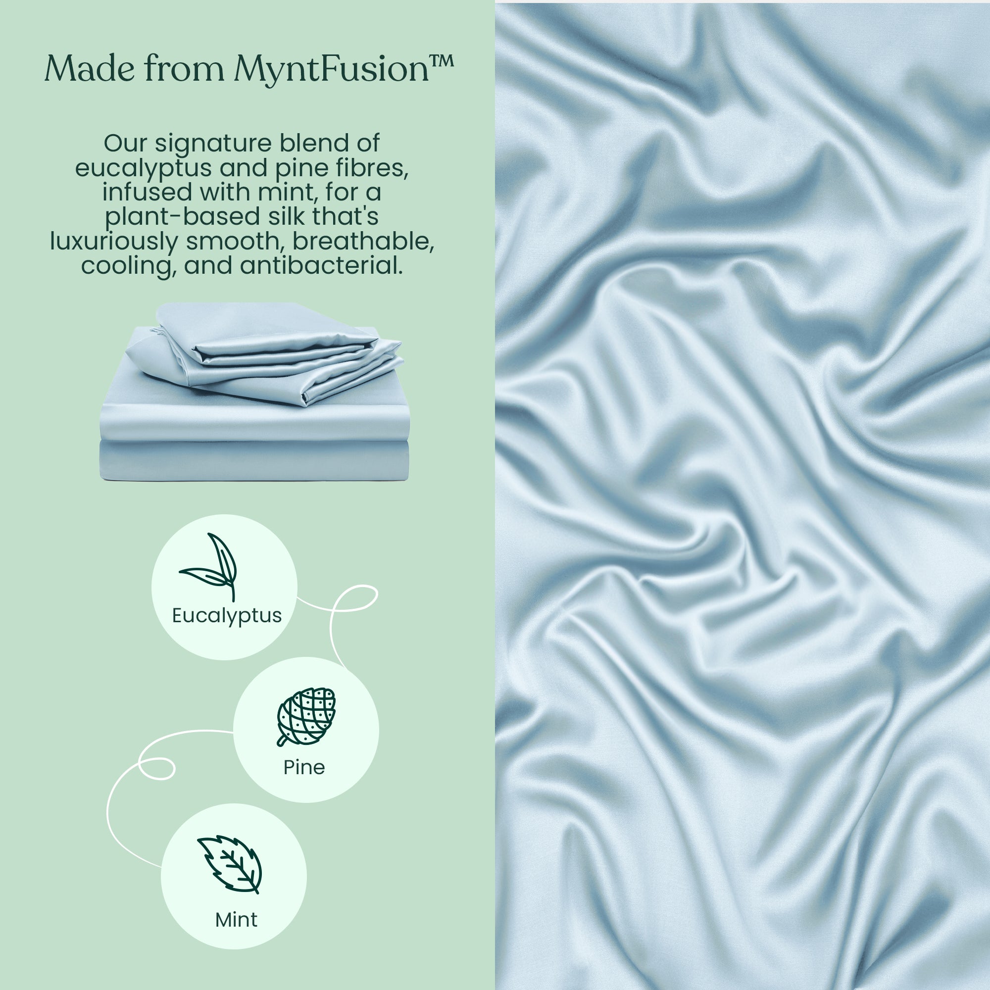 On the right, light blue Mynt Lab Fitted Sheet Set (3-Piece) is smoothly draped. On the left, text and icons of eucalyptus, pine, and mint showcase these plant-based cooling sheets with natural antibacterial properties.