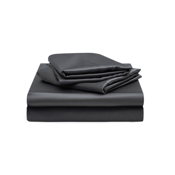 The Mynt Lab MyntFusion™ Fitted Sheet Set (3-Piece) Double in dark gray, featuring a deep pocket, temperature-regulating fitted sheet and pillowcases, is neatly stacked on a white background.
