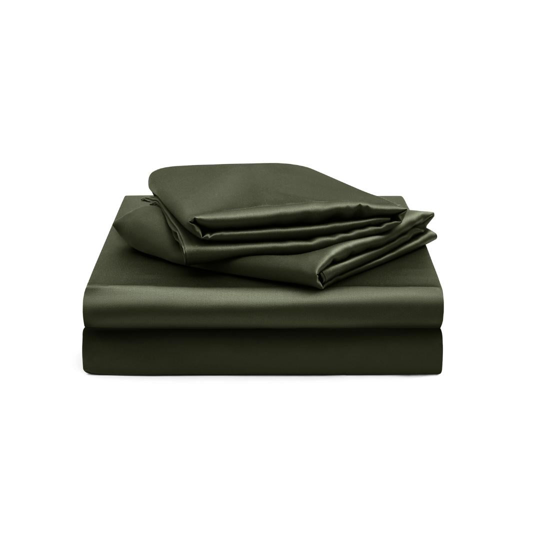 A neatly folded Fitted Sheet Set in silky soft olive green fabric is displayed on a white background.