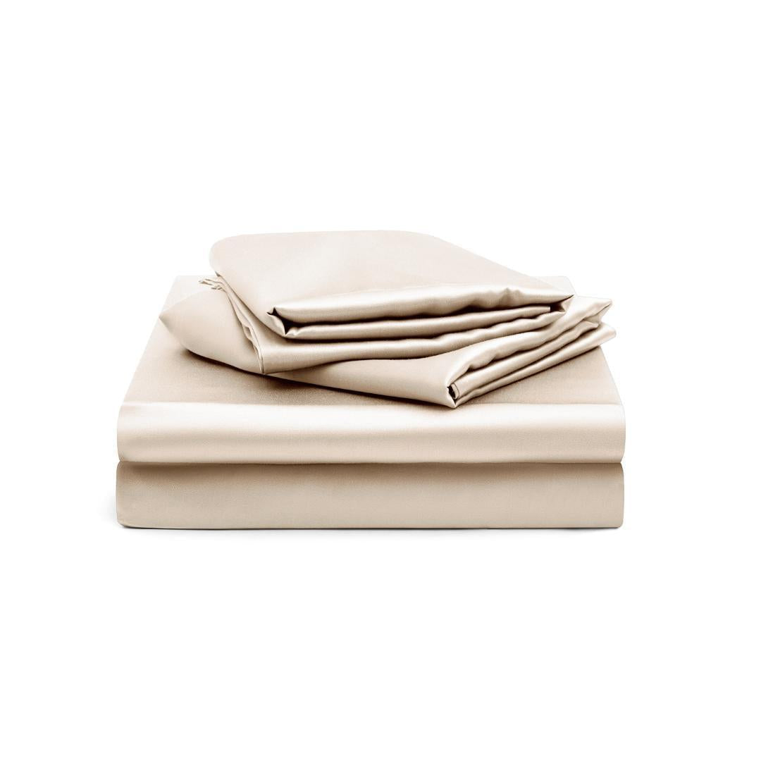 The Fitted Sheet Set (3-Piece) is displayed neatly folded on a white background, offering silky softness and a touch of comfort and elegance.