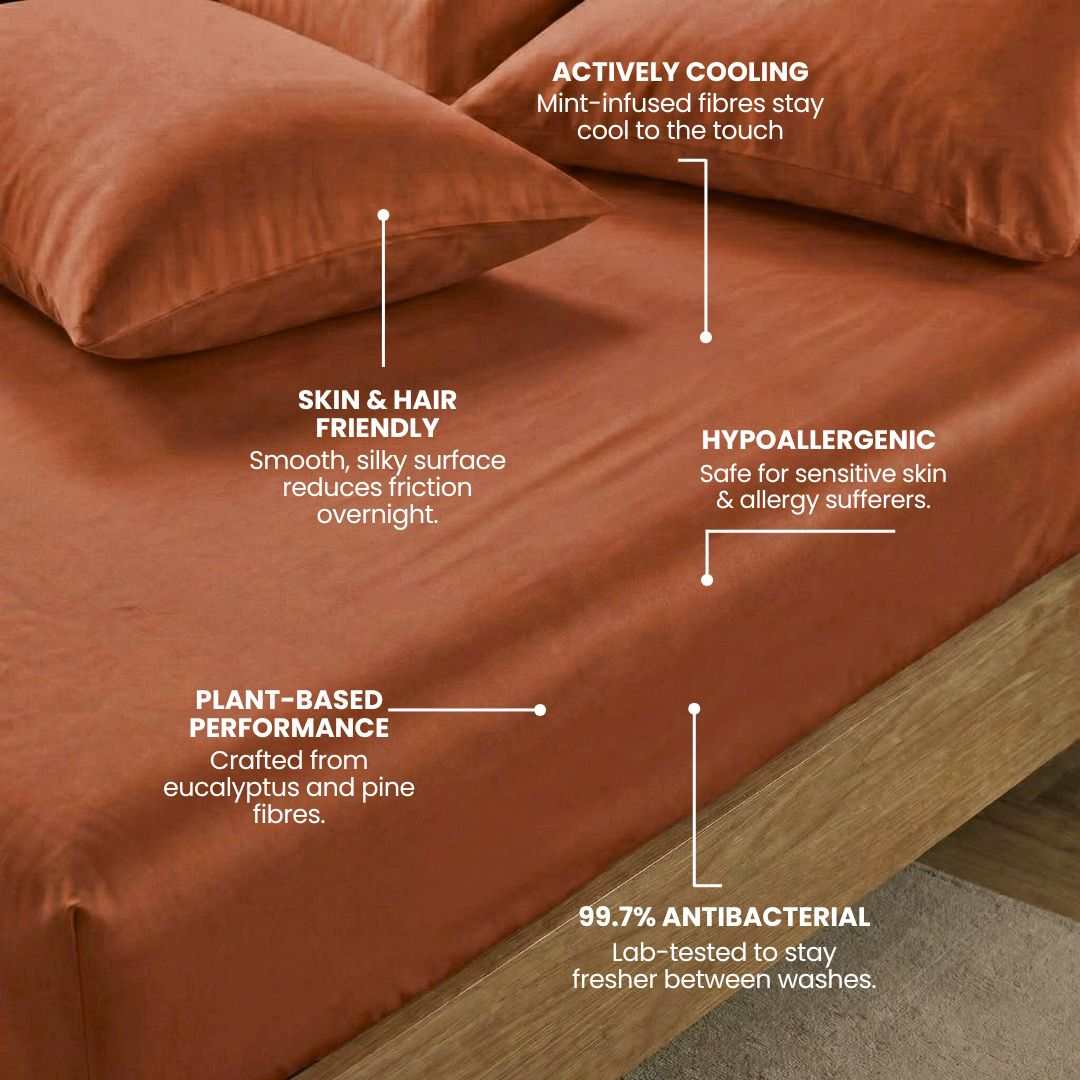 A terracotta bed sheet set on a wooden bed frame with text highlighting features: cooling mint-infused fibers, skin and hair friendly, plant-based performance, hypoallergenic, and 99.7% antibacterial.