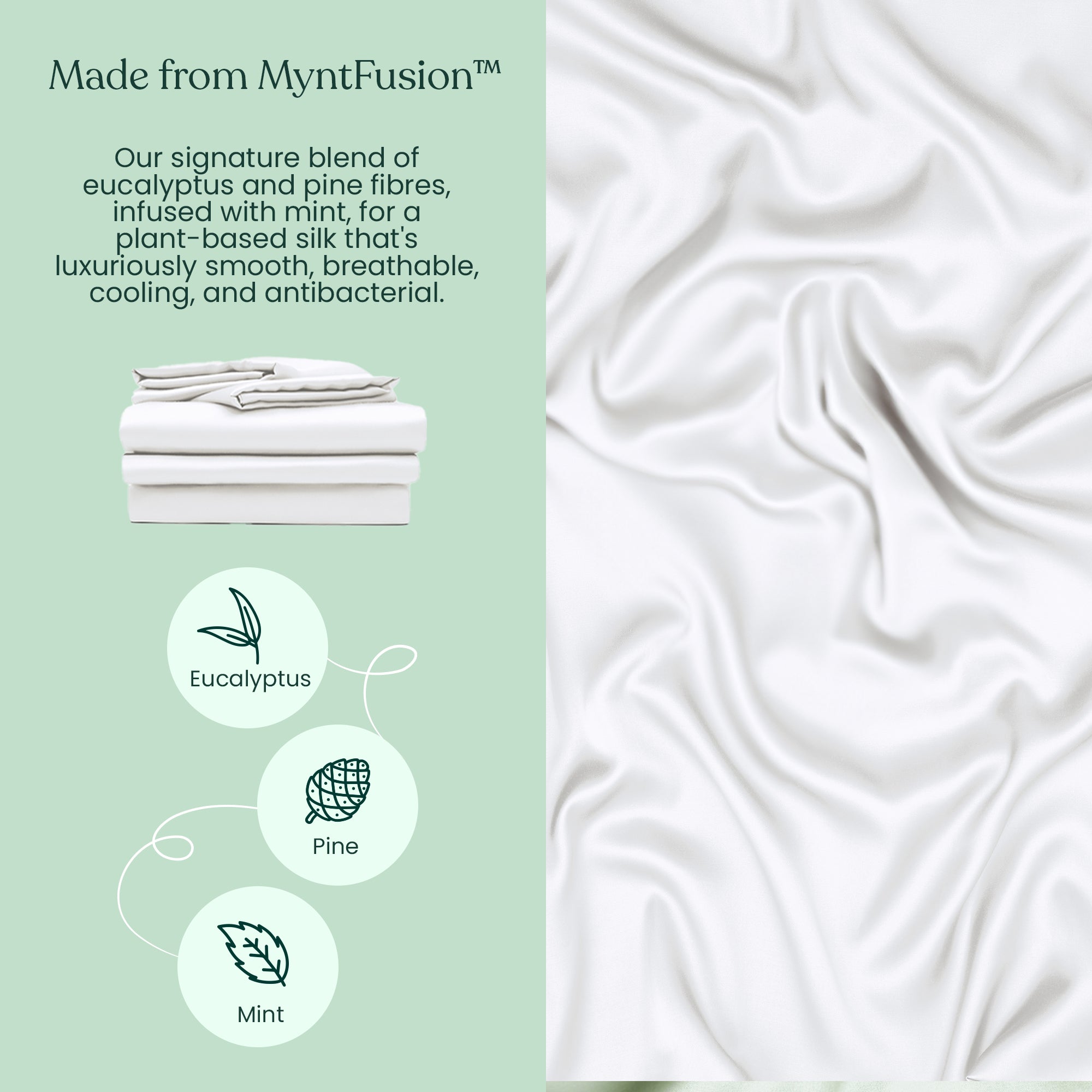 A digital graphic shows Mynt Lab’s Complete Sheet Set (4-Piece) with silky white fabric, plant icons labeled eucalyptus, pine, and mint. Text highlights its plant-based silk blend that’s smooth, breathable, cooling, and antibacterial.
