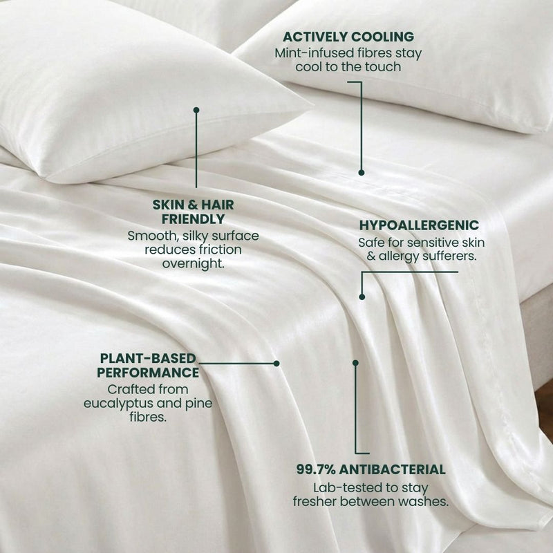 White fabric with text highlighting features like 'actively cooling', 'skin & hair friendly', 'hypoallergenic', 'plant-based performance', and '99.7% antibacterial'.