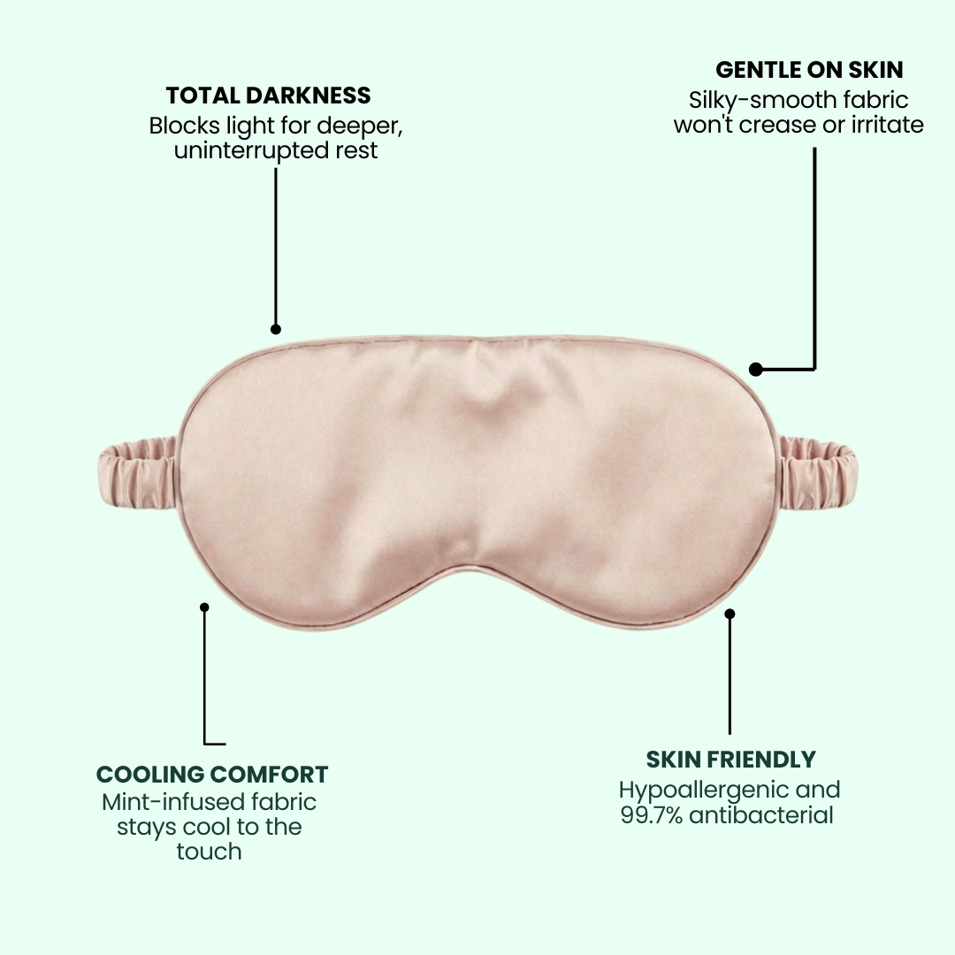 Pink sleep mask with features listed on a light green background