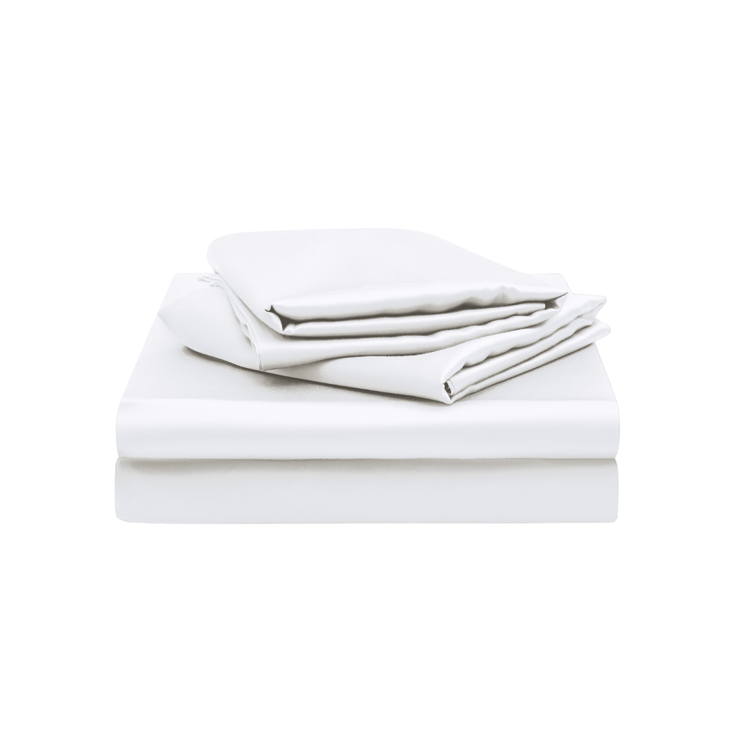 A neatly folded Fitted Sheet Set (3-Piece), including silky soft sheets and pillowcases, displayed on a plain white background.
