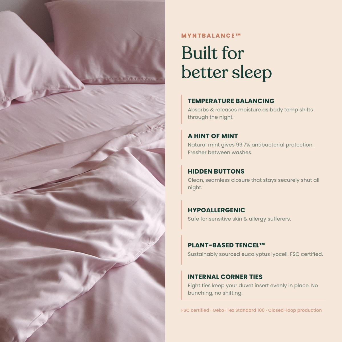 MyntBalance temperature balancing duvet cover made of soft breathable TENCEL lyocell fabric with hidden button closure and corner ties for year-round comfort
