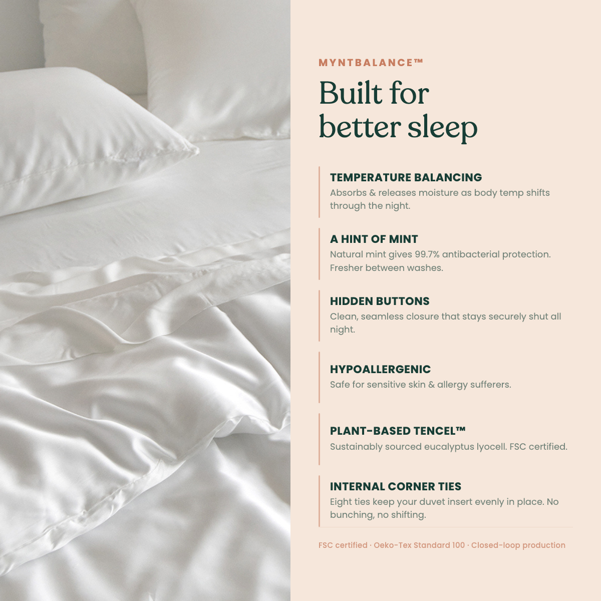 MyntBalance™ temperature balancing duvet cover made of soft, breathable 100% TENCEL™ lyocell fabric with hidden button closure and corner ties