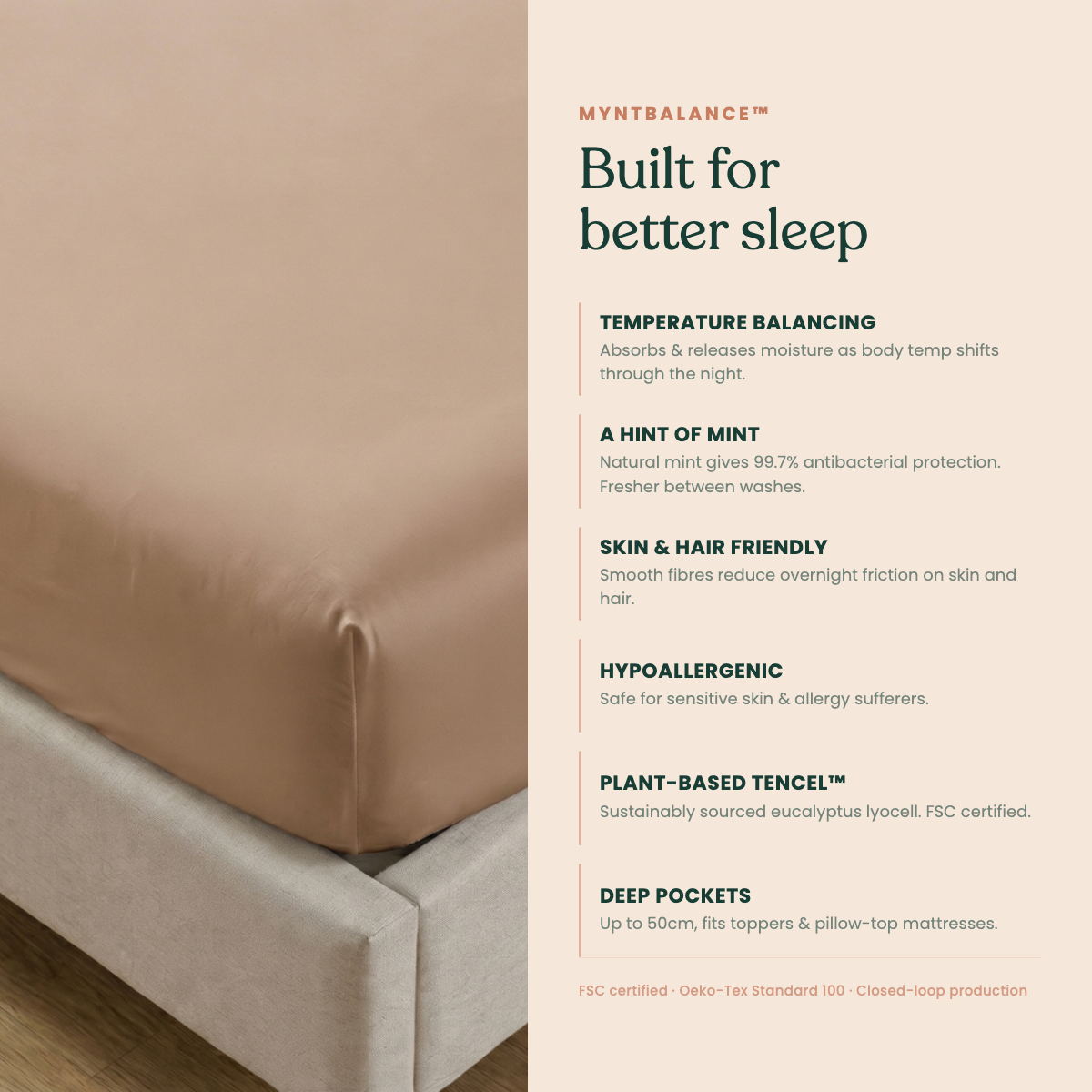 MyntBalance™ temperature balancing fitted sheet made of 100% TENCEL™ lyocell with deep pockets and reinforced straps on a bed