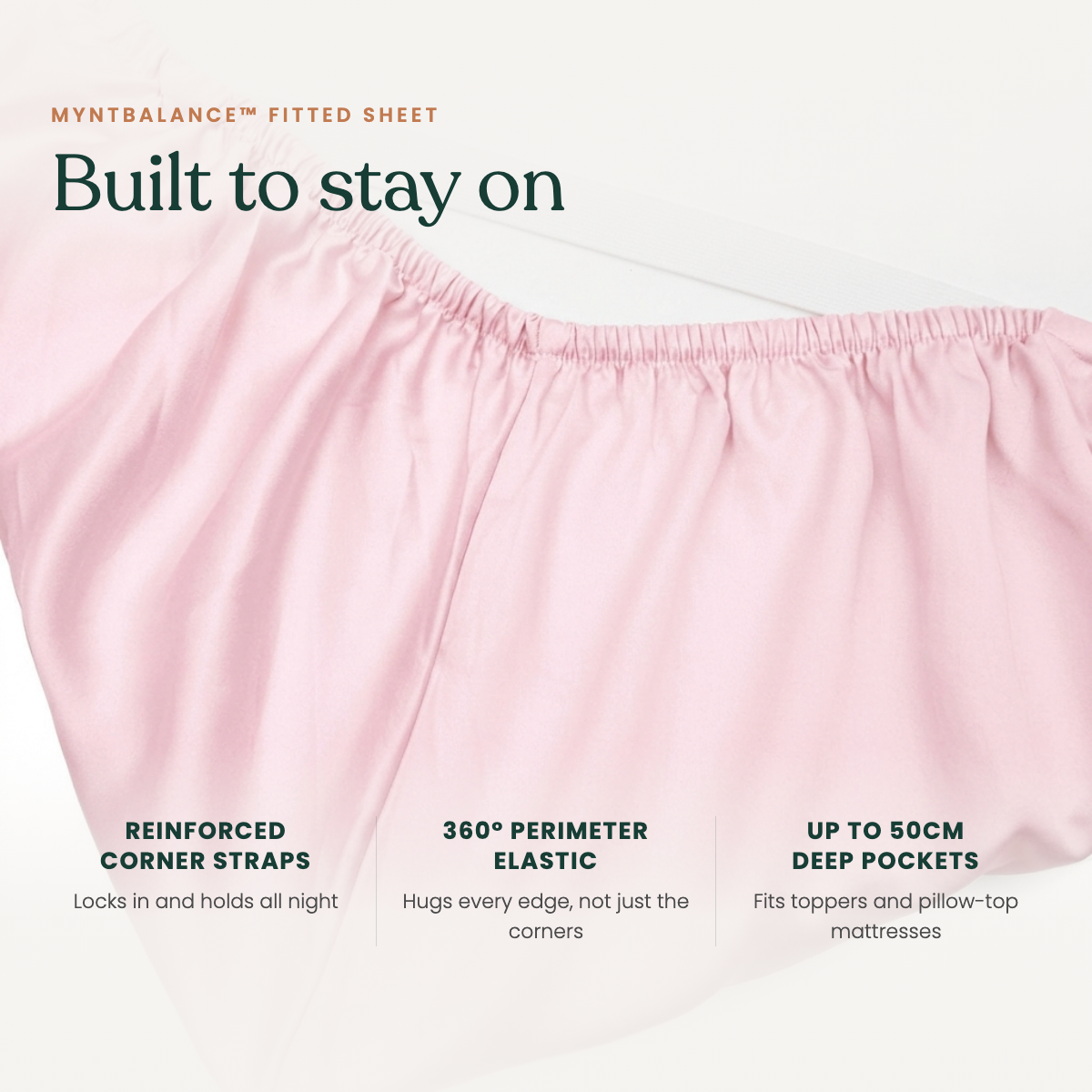 MyntBalance™ temperature balancing fitted sheet made of breathable 100% TENCEL™ lyocell with deep pockets and reinforced straps on a bed