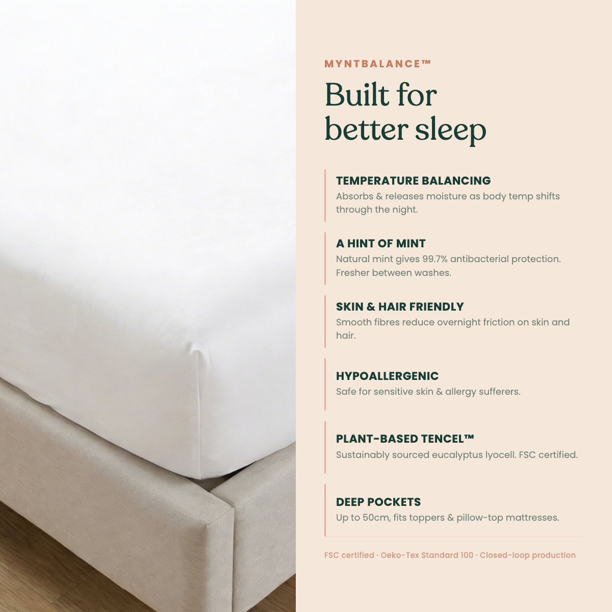 MyntBalance™ temperature balancing fitted sheet made from 100% TENCEL™ lyocell with deep pockets and reinforced straps