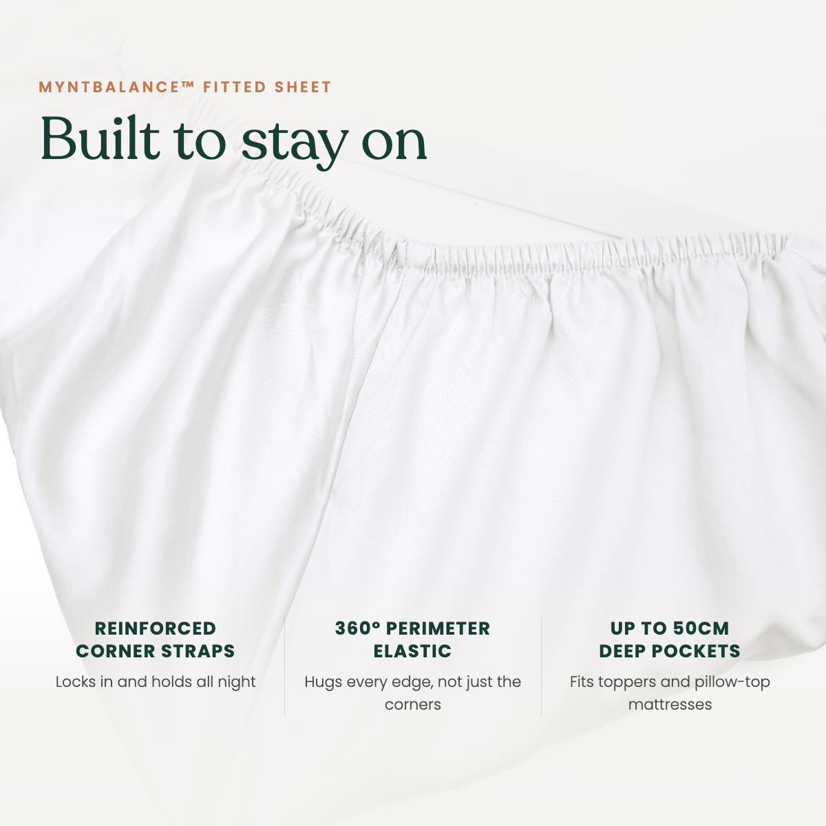 MyntBalance™ temperature balancing fitted sheet made of breathable 100% TENCEL™ lyocell with deep pockets and reinforced straps