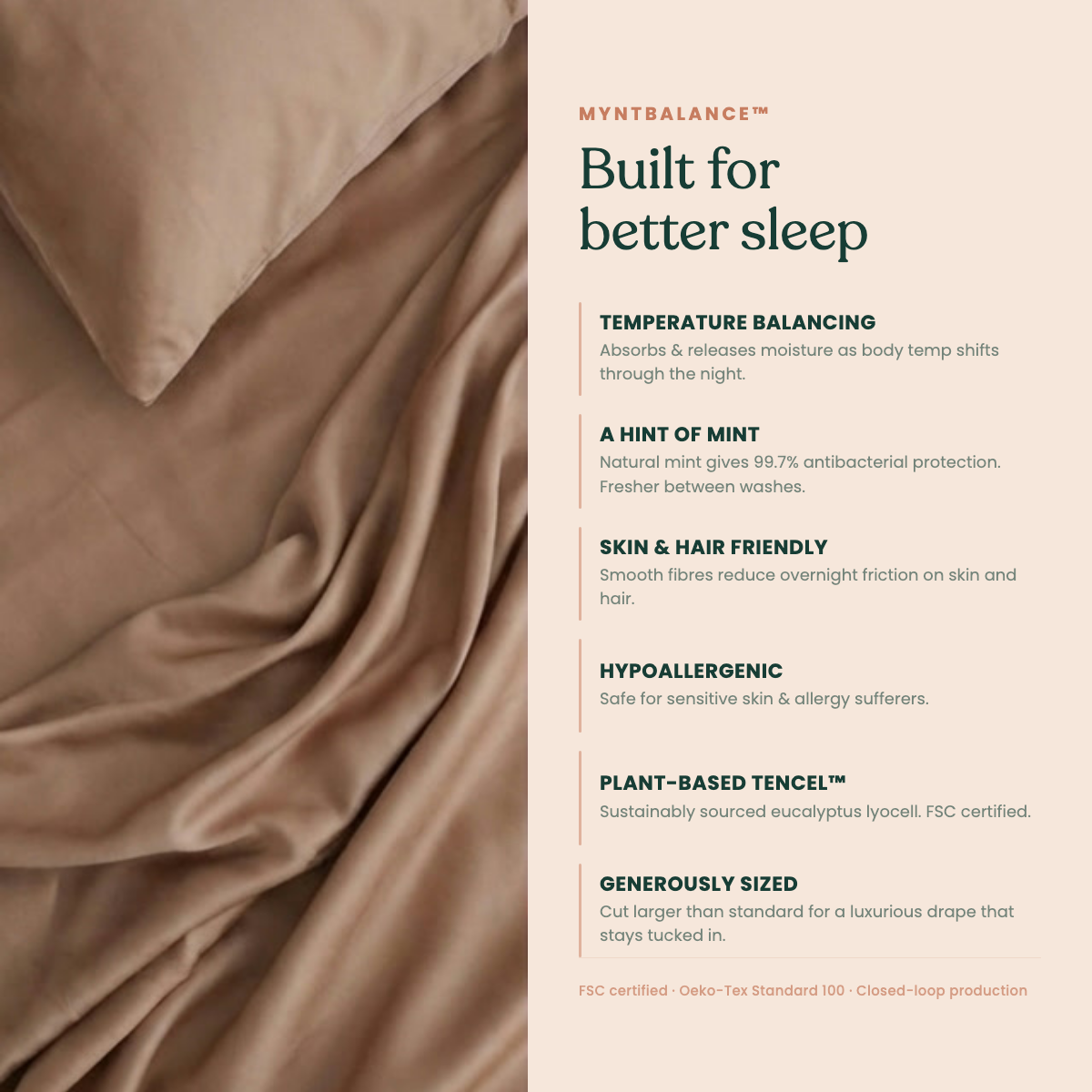MyntBalance™ temperature balancing flat sheet made from 100% TENCEL™ lyocell, soft breathable fabric with smooth drape on bed