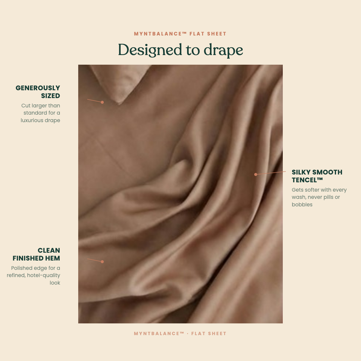 MyntBalance™ temperature balancing flat sheet made from 100% TENCEL™ lyocell, soft breathable bedding with smooth drape and oversized fit