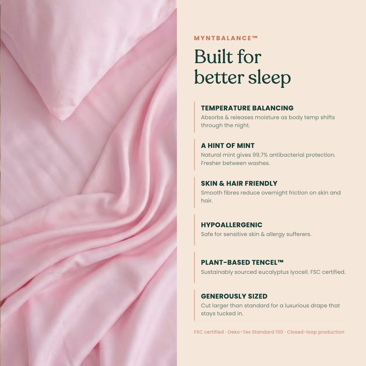MyntBalance™ temperature balancing flat sheet made from 100% TENCEL™ lyocell with soft, breathable fabric and smooth drape over bed