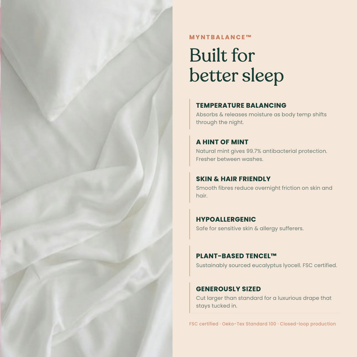 MyntBalance™ temperature balancing flat sheet made of soft, breathable TENCEL™ lyocell fabric draped neatly over a bed