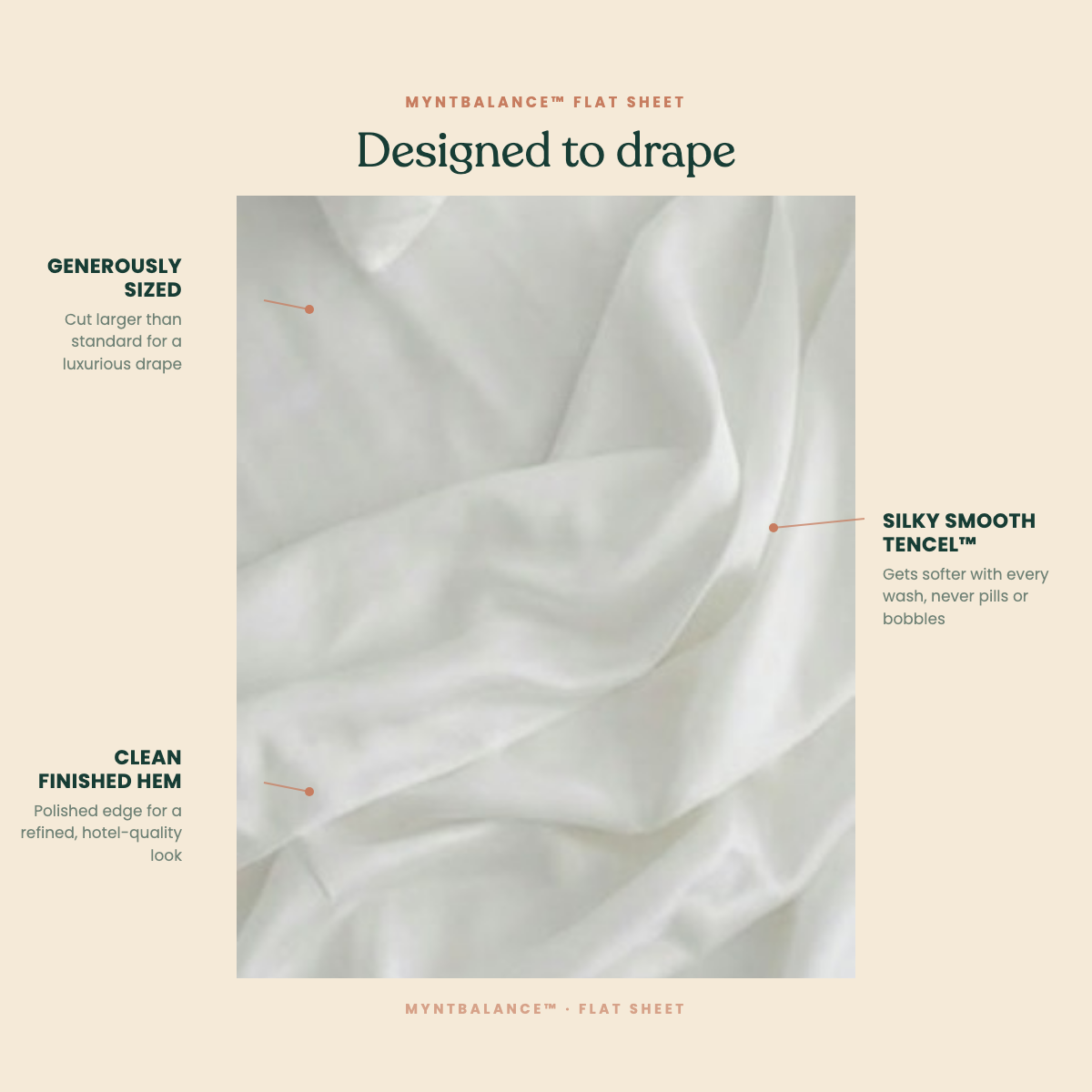 MyntBalance™ temperature balancing flat sheet made of soft, breathable TENCEL™ lyocell fabric draped neatly on a bed