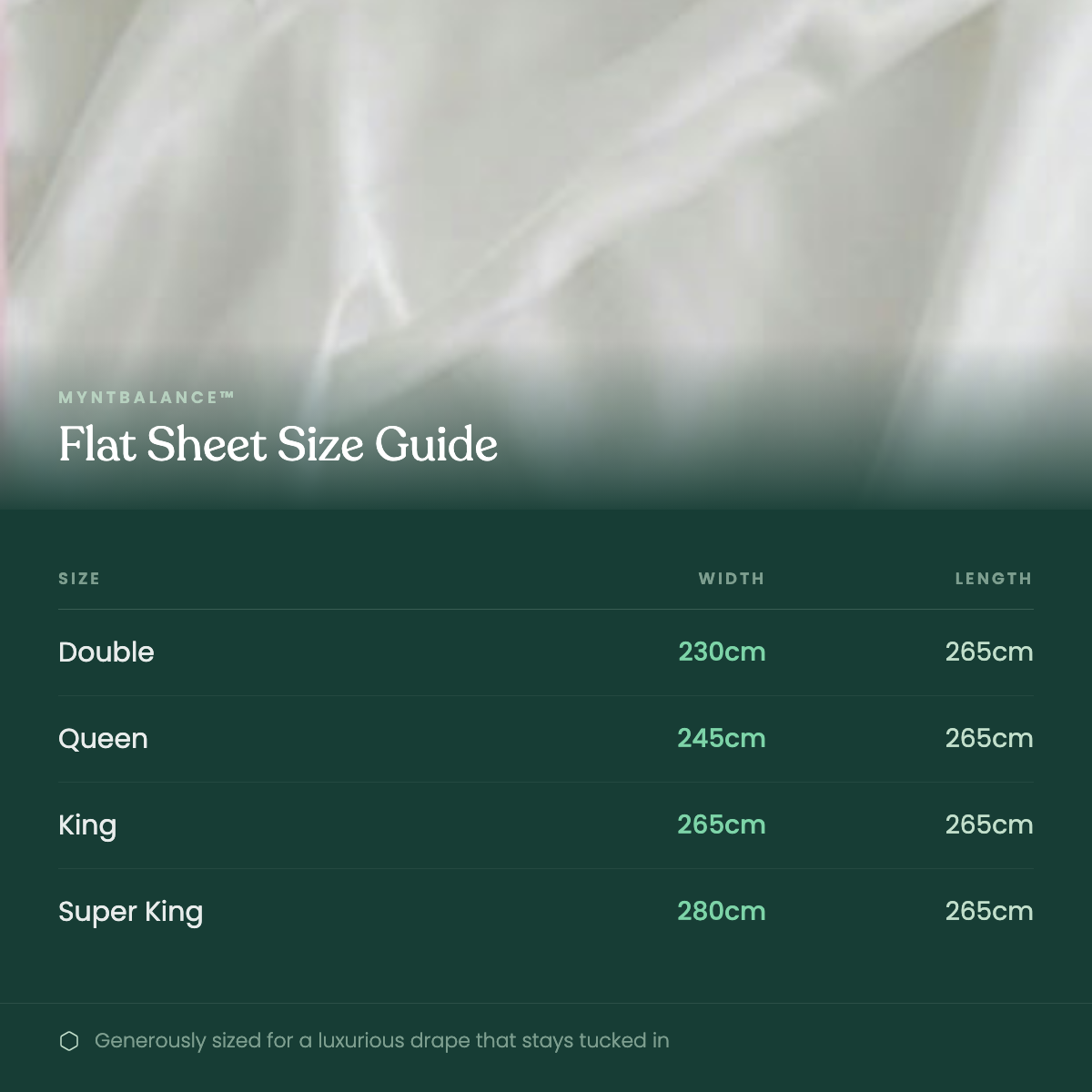 MyntBalance™ temperature balancing flat sheet made from breathable TENCEL™ lyocell fabric with smooth finish and oversized fit for comfortable layering