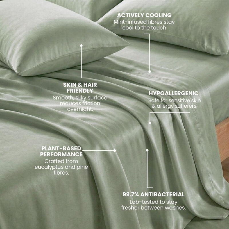 Mynt Lab’s MyntFusion™ Complete Sheet set in light green features actively cooling, skin- & hair-friendly MyntFusion fabric, is hypoallergenic, plant-based, and offers 99.7% antibacterial protection for premium comfort.
