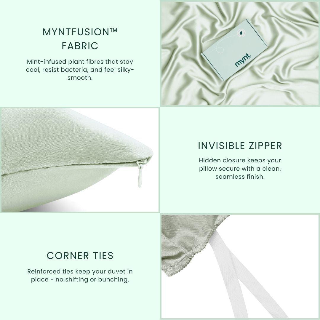 A collage showcases the Mynt Lab MyntFusion™ Complete Bedding Bundle (5-Piece): antibacterial MYNTFUSION™ fabric, a pillow with an invisible zipper, and reinforced duvet corner ties, all in soft green tones.