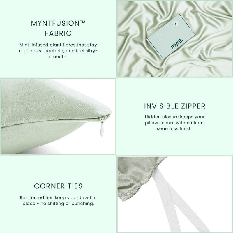 A collage showcases the Mynt Lab MyntFusion™ Complete Bedding Bundle (5-Piece): antibacterial MYNTFUSION™ fabric, a pillow with an invisible zipper, and reinforced duvet corner ties, all in soft green tones.