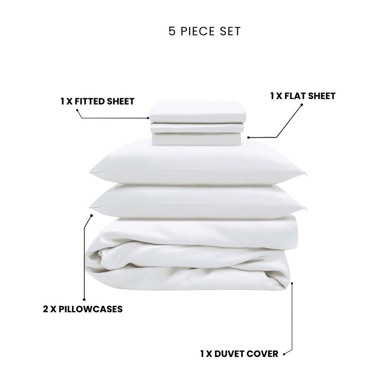 The Mynt Lab MyntFusion™ Complete Bedding Bundle (5-Piece) includes a fitted sheet, flat sheet, two pillowcases, and a duvet cover - crafted for cooling comfort and shown on a plain white background.