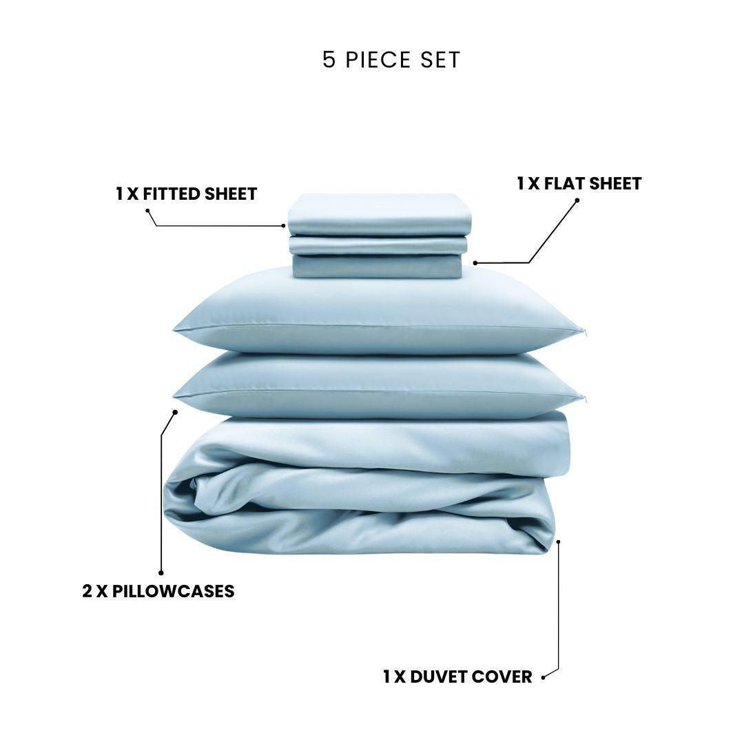 A labeled diagram of the MyntFusion™ Complete Bedding Bundle (5-Piece) by Mynt Lab in light blue, featuring antibacterial fabric with 1 fitted sheet, 1 flat sheet, 2 pillowcases, and 1 duvet cover stacked. Text above: 5 Piece Set.
