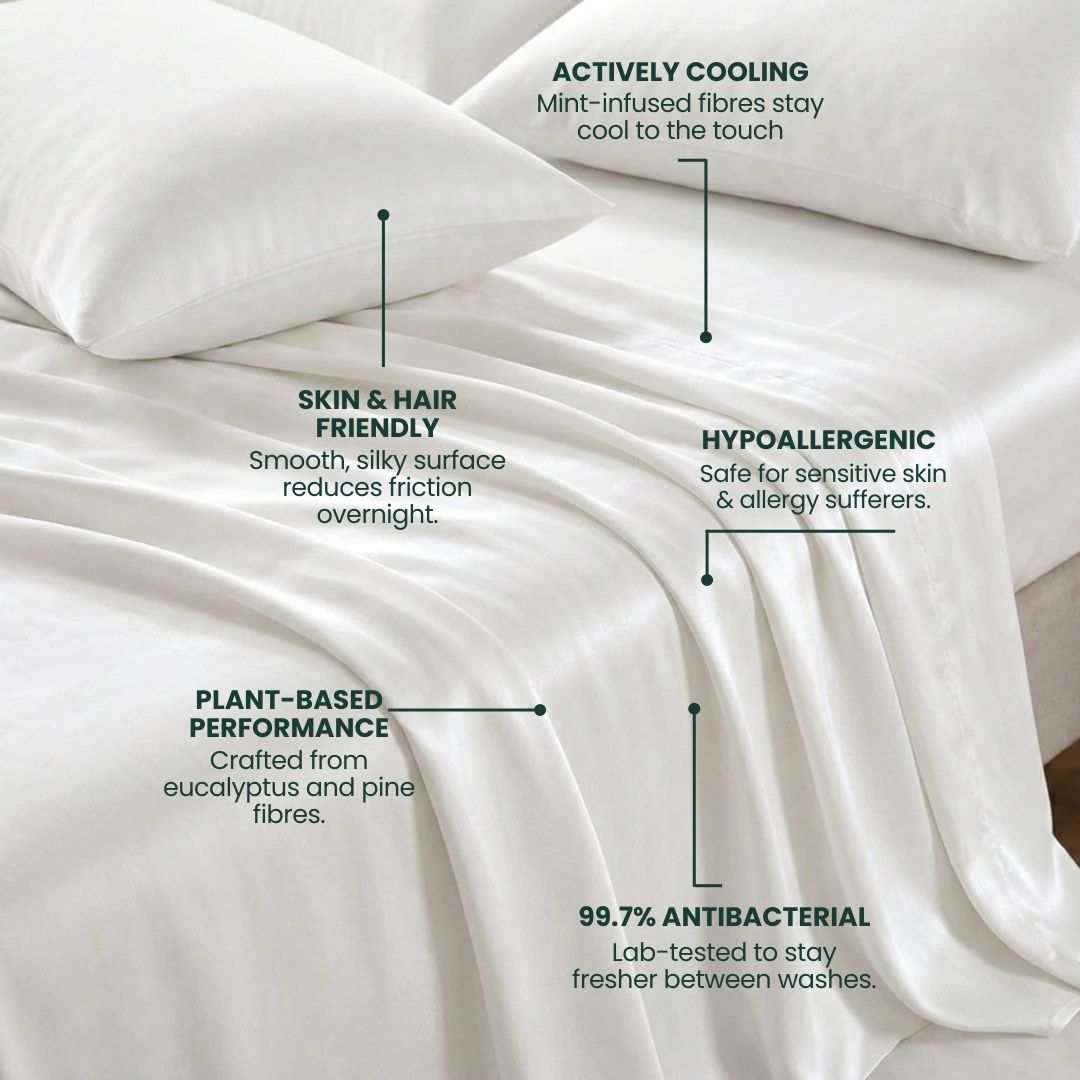 White fabric with text highlighting features like 'actively cooling', 'skin & hair friendly', 'hypoallergenic', 'plant-based performance', and '99.7% antibacterial'.