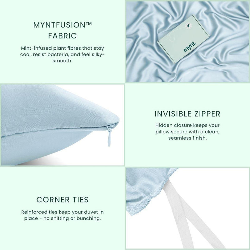 A promotional graphic for the Mynt Lab MyntFusion™ Complete Bedding Bundle (5-Piece) highlights antibacterial fabric, a seamless invisible zipper on the pillow, and reinforced duvet corner ties for secure and hygienic bedding.