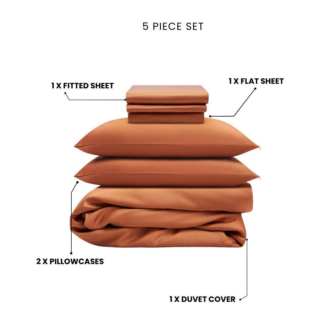 A labeled image of the Mynt Lab MyntFusion™ Complete Bedding Bundle (5-Piece) in terracotta, featuring a fitted sheet, flat sheet, two pillowcases, and a duvet cover stacked neatly.