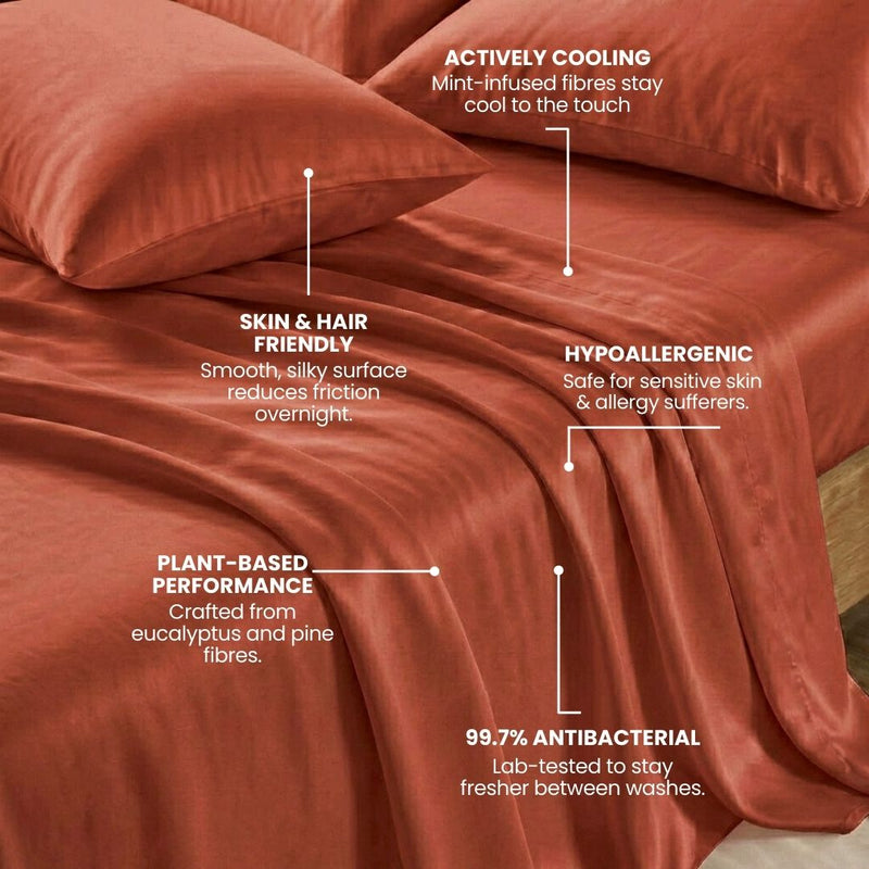 The Mynt Lab MyntFusion™ Complete Sheet Set features terracotta, plant-based silky sheets and pillowcases that are cooling, hypoallergenic, 99.7% antibacterial, and gentle on skin and hair.