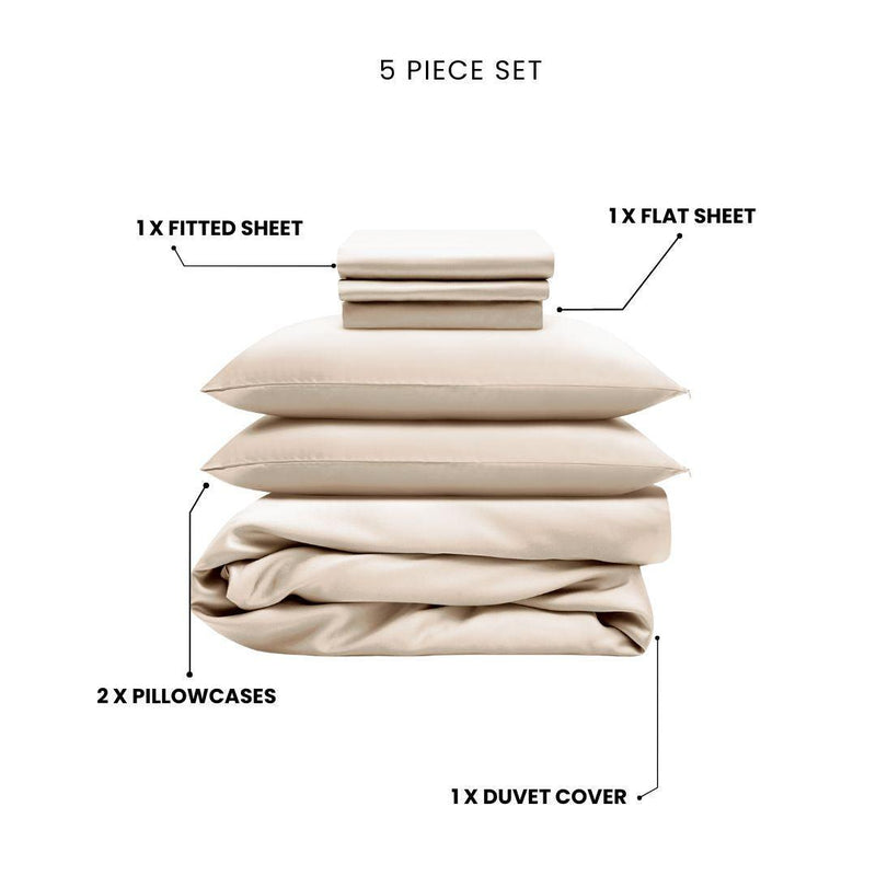 The MyntFusion™ Complete Bedding Bundle (5-Piece) by Mynt Lab includes a fitted sheet, flat sheet, two pillowcases, and a duvet cover - all made from antibacterial fabric and labeled with arrows pointing to each item.