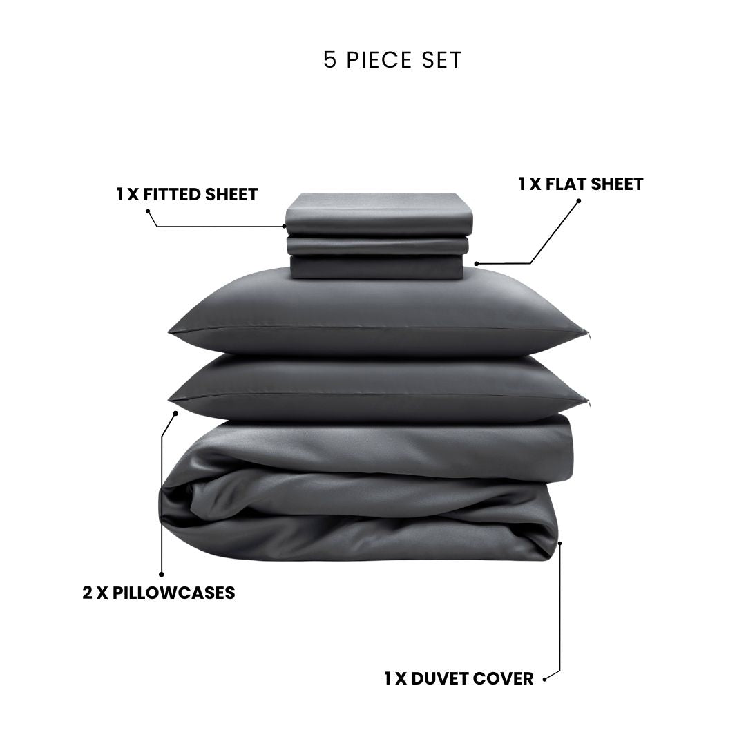 The Mynt Lab MyntFusion™ Complete Bedding Bundle (5-Piece) includes a fitted sheet, flat sheet, duvet cover, and 2 pillowcases - all crafted from cooling MyntFusion fabric for ultimate comfort.