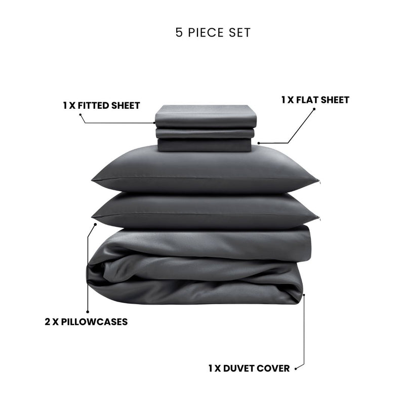 The Mynt Lab MyntFusion™ Complete Bedding Bundle (5-Piece) includes a fitted sheet, flat sheet, duvet cover, and 2 pillowcases - all crafted from cooling MyntFusion fabric for ultimate comfort.