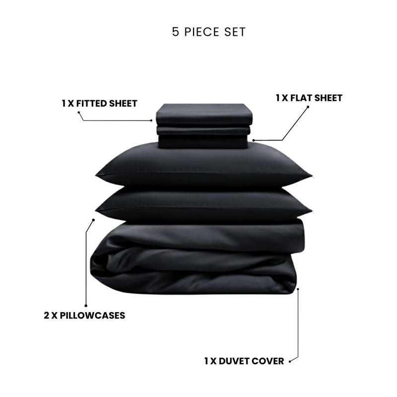 The Mynt Lab MyntFusion™ Complete Bedding Bundle (5-Piece) in black features cooling, antibacterial sheets and includes a fitted sheet, flat sheet, duvet cover, and two pillowcases - all shown neatly stacked and separated.