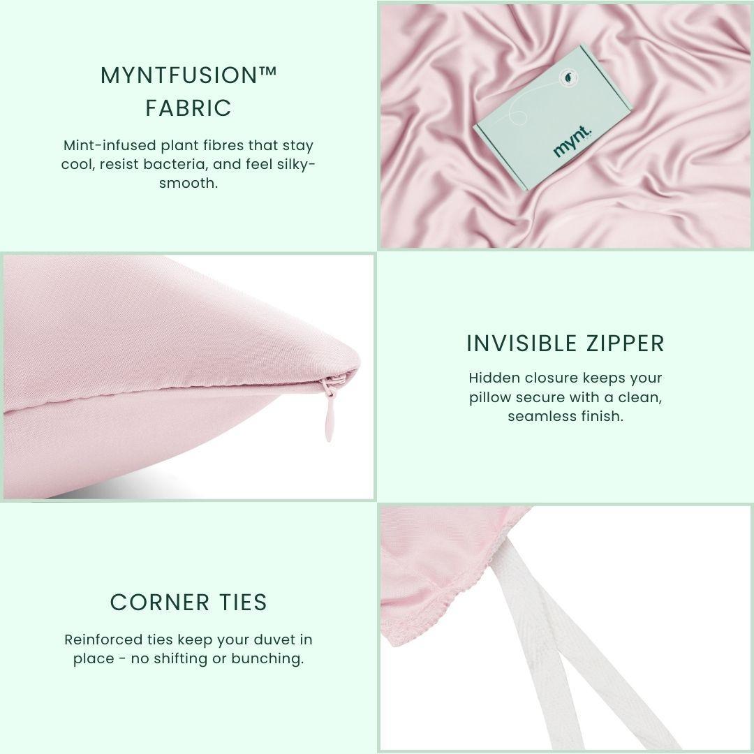 The Mynt Lab MyntFusion™ Complete Bedding Bundle (5-Piece) includes a pale pink, antibacterial duvet cover made from mint-infused fabric, with an invisible zipper and reinforced corner ties to keep your cooling sheets secure.