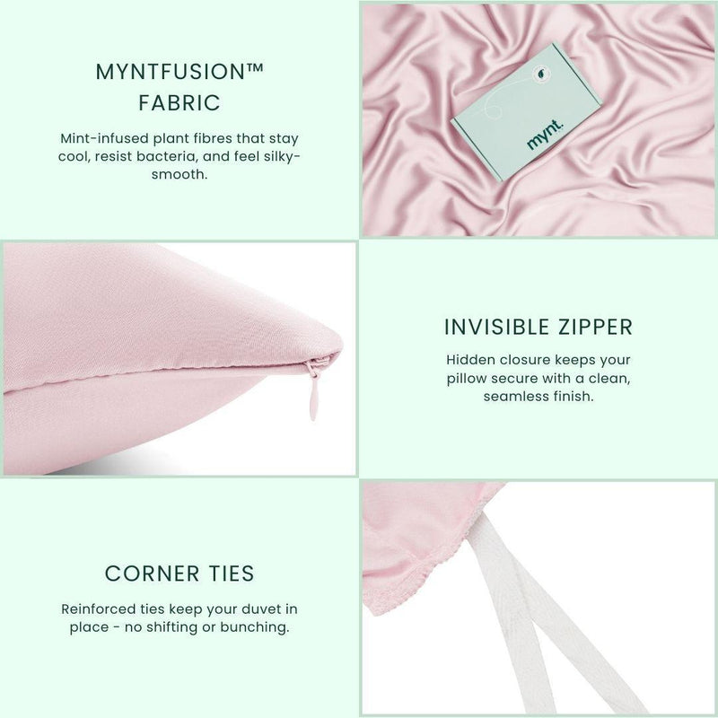 The Mynt Lab MyntFusion™ Complete Bedding Bundle (5-Piece) includes a pale pink, antibacterial duvet cover made from mint-infused fabric, with an invisible zipper and reinforced corner ties to keep your cooling sheets secure.