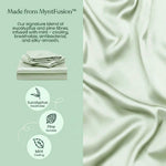 Smooth, light green Mynt Lab MyntFusion™ Fitted Sheet Set (3-Piece) with text highlighting eucalyptus (breathable), pine (durable), and mint (cooling); right side shows a close-up of the silky, cooling fitted sheets' texture.