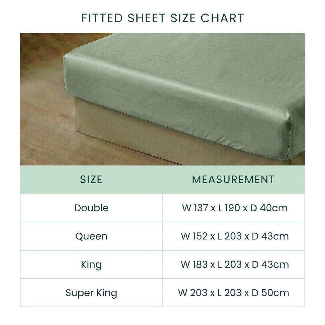The Mynt Lab MyntFusion™ Complete Sheet Set (4-Piece) size chart displays a green cooling sheet on a bed and lists Double, Queen, King, and Super King sizes with width, length, and depth in cm - perfect for hot sleepers.