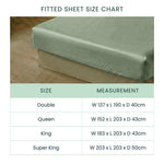 The Mynt Lab MyntFusion™ Complete Sheet Set (4-Piece) size chart displays a green cooling sheet on a bed and lists Double, Queen, King, and Super King sizes with width, length, and depth in cm - perfect for hot sleepers.