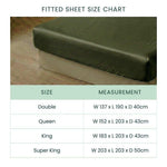 A size chart for Mynt Lab’s MyntFusion™ Complete Sheet Set (4-Piece) | Super King, featuring a green, hypoallergenic fitted sheet on a mattress. Lists Double, Queen, King, and Super King dimensions (cm) with width, length, depth - great for hot sleepers.