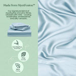 The Mynt Lab MyntFusion™ Complete Sheet Set (4-Piece) is shown in light blue, offering a smooth, silky feel. Made from eucalyptus, pine, and mint fibres, these cooling sheets are breathable, antibacterial, and hypoallergenic - ideal for hot sleepers.