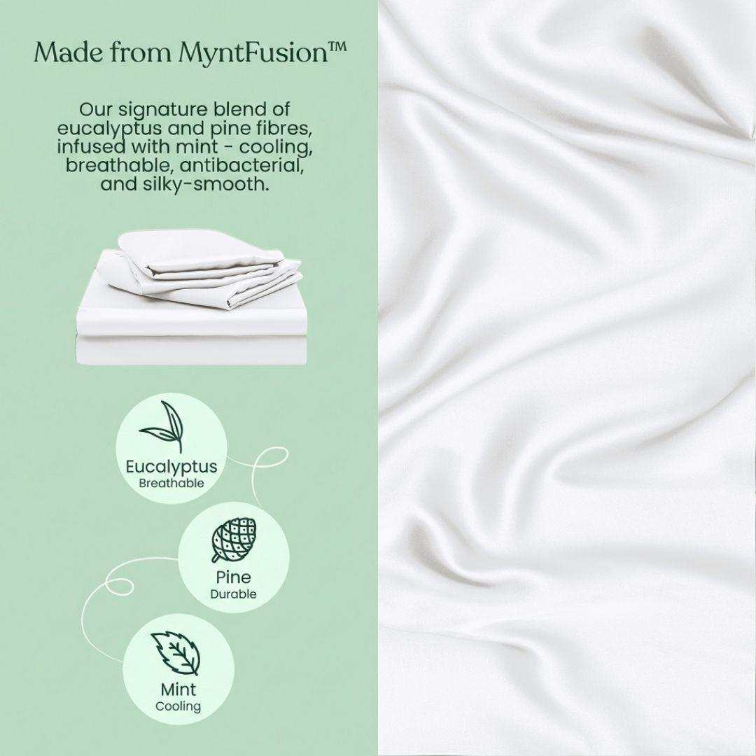 The Mynt Lab MyntFusion™ Fitted Sheet Set (3-Piece) is shown in silky white, made from breathable eucalyptus, pine, and mint fibers that are cooling, antibacterial, and durable, with deep pockets for a secure fit. Icons highlight each feature.